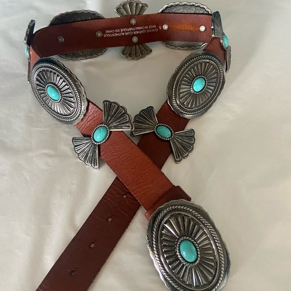 🛑SOLD Vintage Brown Leather Navajo Western Concho Belt with Turquoise Small - Picture 8 of 8